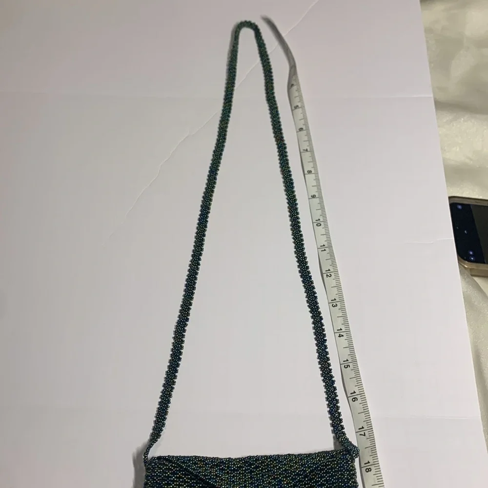 crossbody handbag BEADED hand crafted green With blue purple beads 5.5 x 7” NWOT